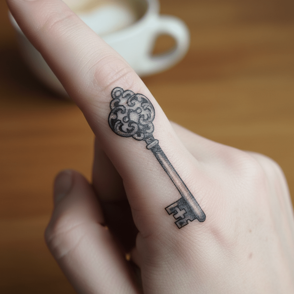 Tatuaje de llave antigua de filigrana en el dedo de una mujer: representación realista llena de sofisticación y simbolismo.
