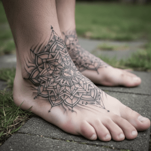 Tatuaje de mandala geométrico: aventura y descubrimiento en el pie