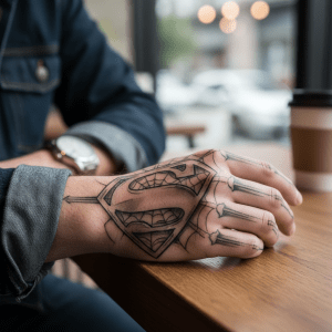 Tatuaje de mano para hombre inspirado en los cómics: poderoso diseño de superhéroe con efecto 3D.