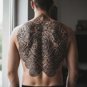 Tatuaje de mosaico geométrico en la espalda: elegancia y profundidad en el diseño