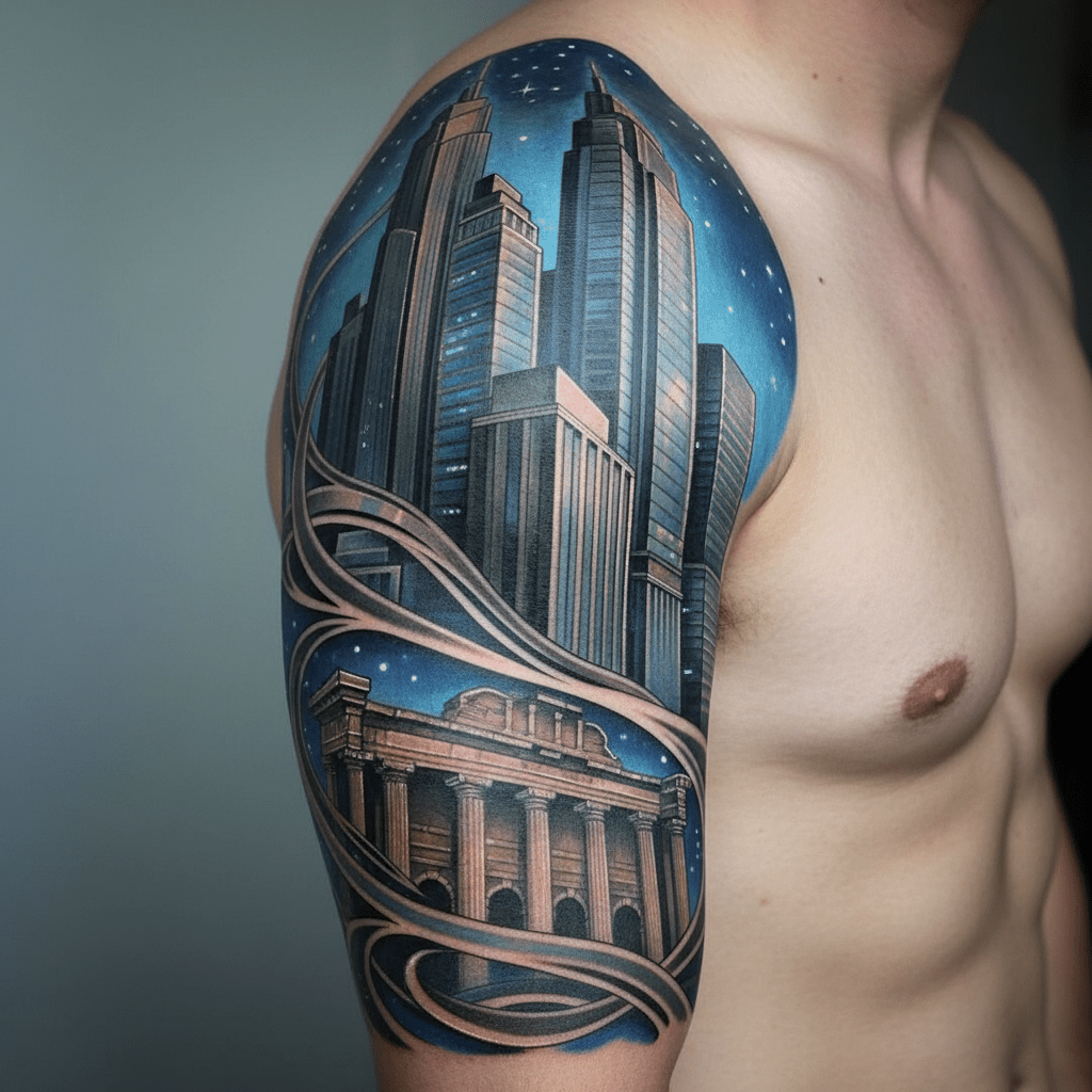 Tatuaje de paisaje urbano futurista para cubrir el brazo masculino