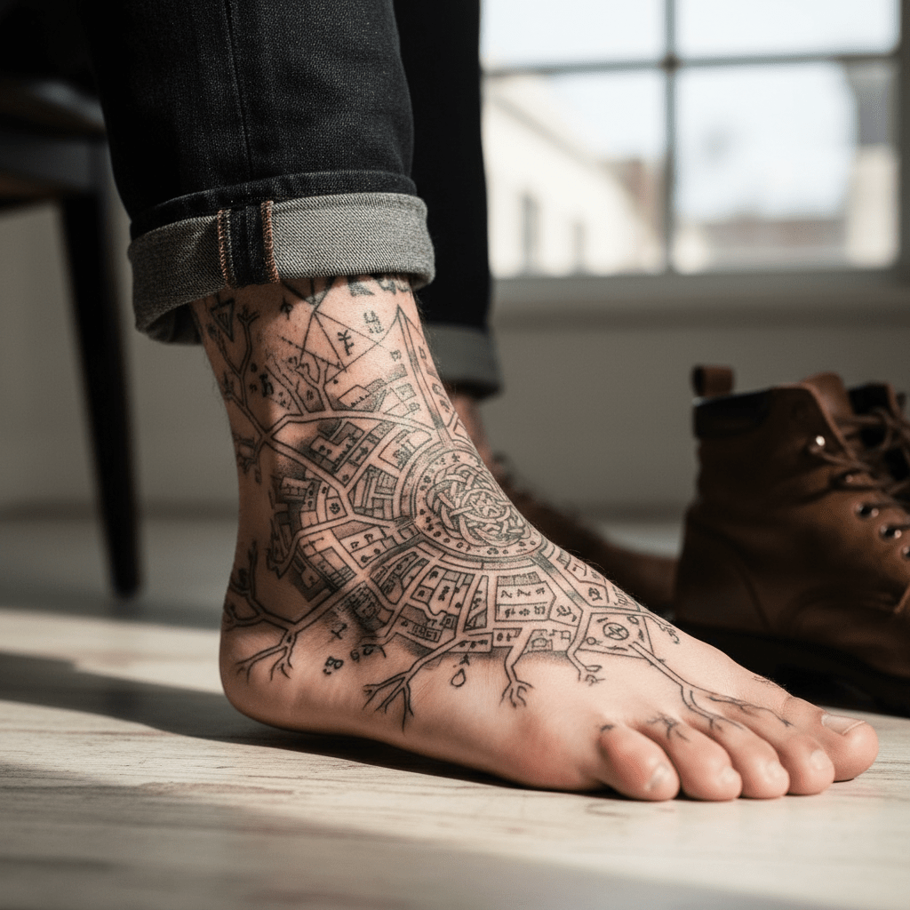 Tatuaje de pie masculino: diseño de red artístico con profundidad mística