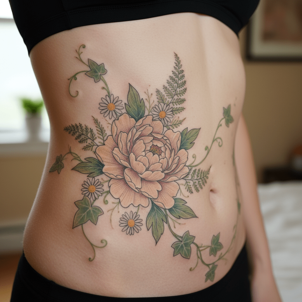 Tatuaje floral en el vientre: elegancia atemporal con peonías y hiedras