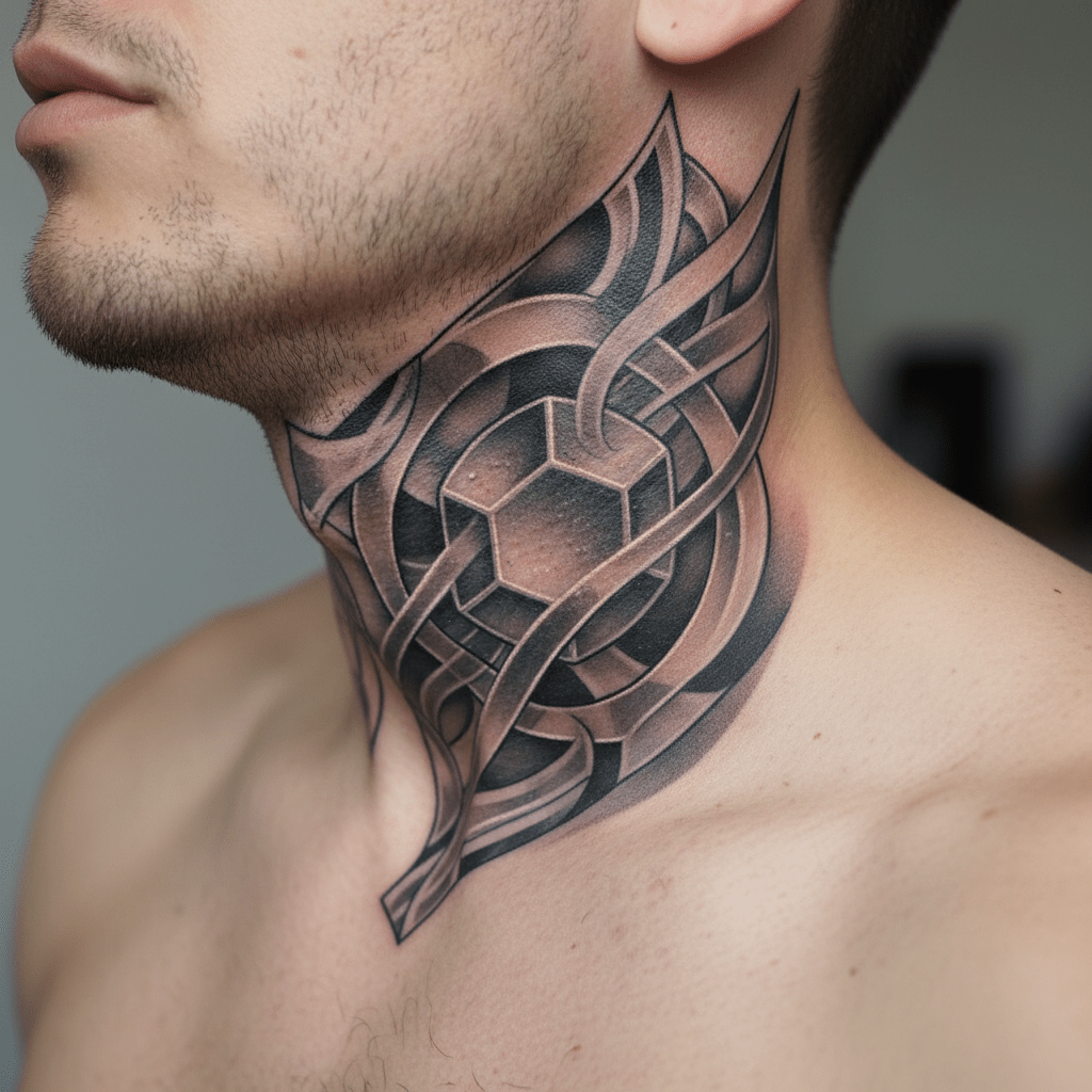 Tatuaje futurista en 3D: geometría cósmica y arte moderno en el cuello