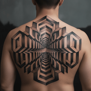 Tatuaje ilusión 3D: obra de arte geométrica para la espalda masculina