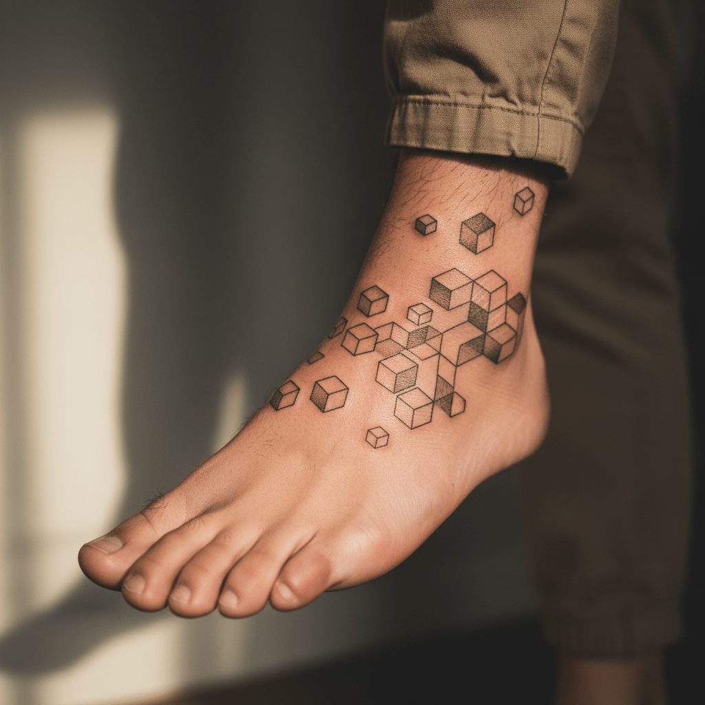 Tatuaje minimalista de un cubo en el pie masculino: elegante body art de estilo geométrico