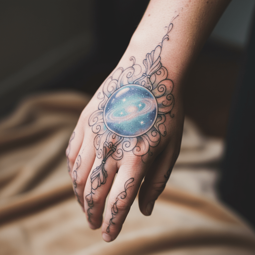 Tatuaje místico de mano: bola de cristal resplandeciente y diseño del universo para mujer