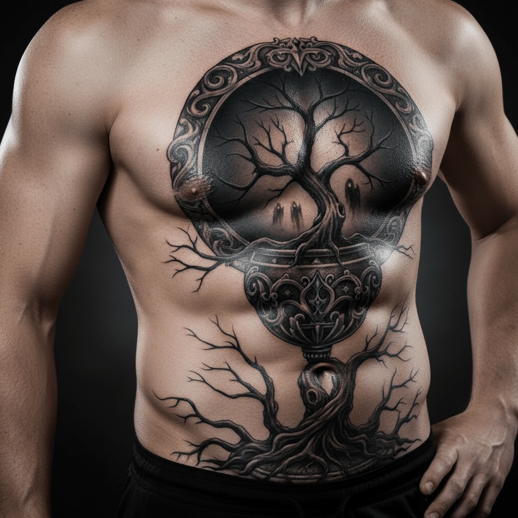 Tatuaje místico de terror en el vientre: portal gótico y fantasmas vivientes