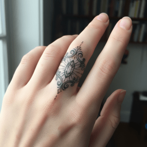 Tatuaje místico en el dedo: adornos de filigrana y emblema de cristal mágico