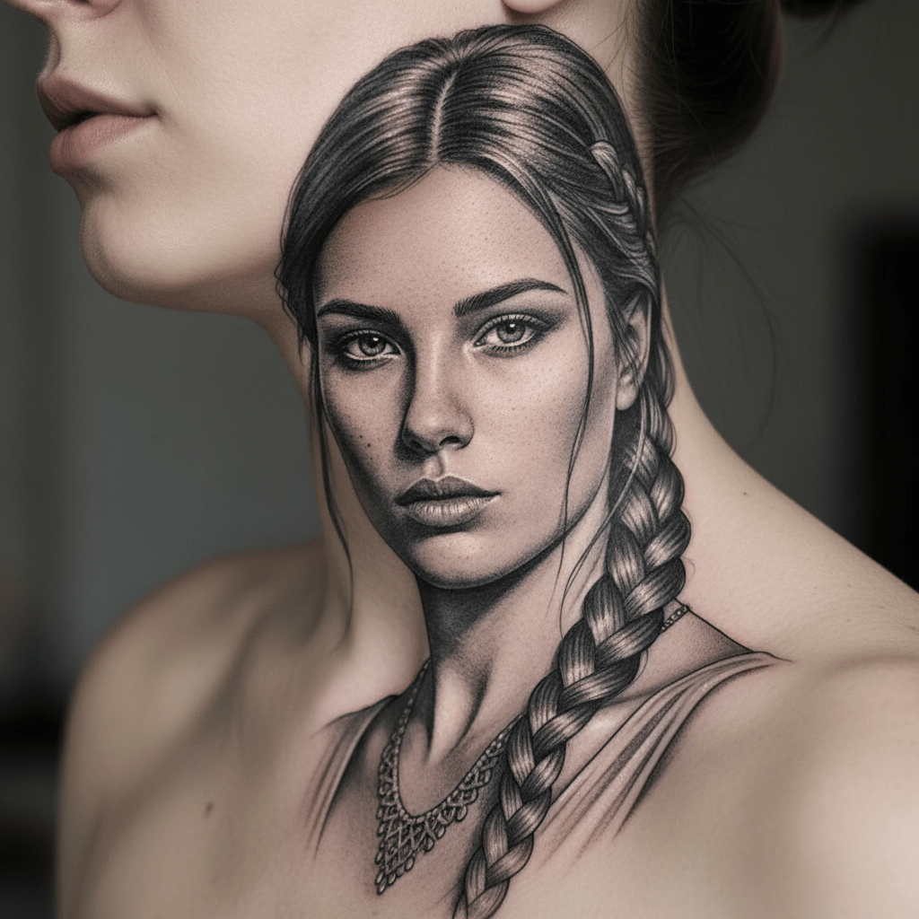 Tatuaje retrato guerrero realista: elegancia y expresividad para el cuello