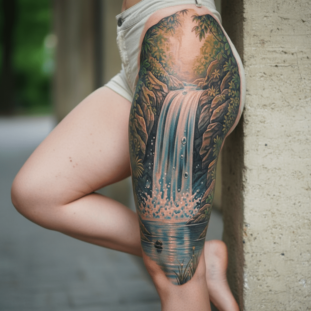Tatuaje tridimensional en cascada: una impresionante obra maestra para la pierna de una mujer en pose