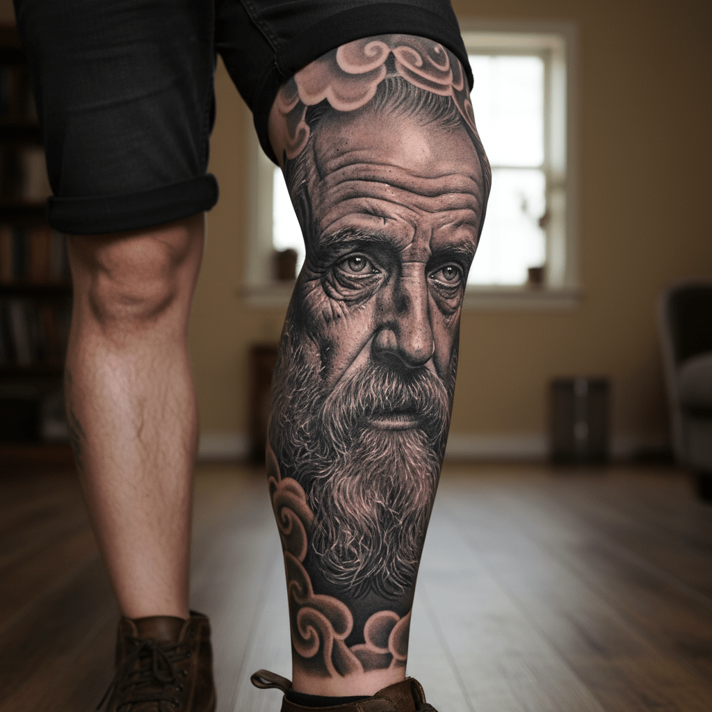 Timeless philosopher in deep contemplation – realistic leg tattoo for men