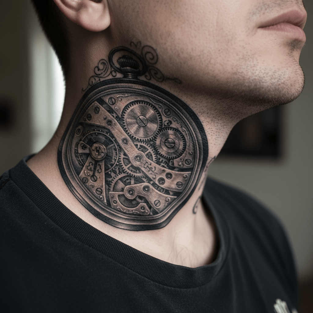 Timeless sophistication: Realistic clockwork tattoo for a man’s neck