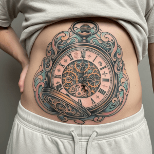 Simbiosis atemporal: tatuaje de reloj en la zona del vientre con elementos de la vieja y la nueva escuela