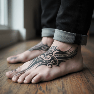 Tribal foot tattoo for men: artistic lines and geometry in motion