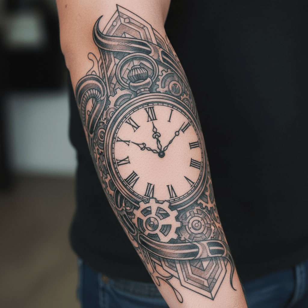 Zeitlose Präzision: Maskulines Tattoo-Design mit Taschenuhr und Metallelementen