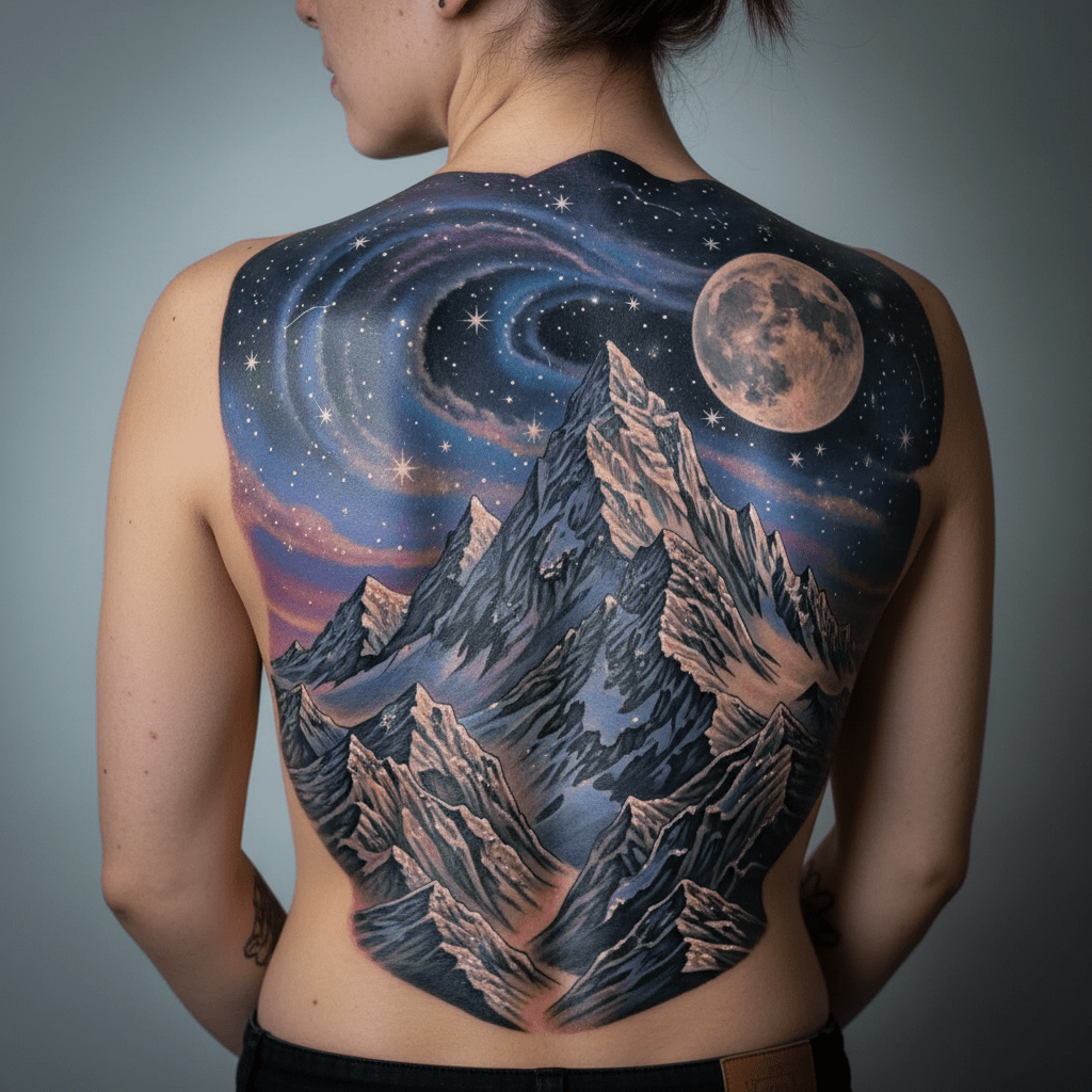 3D back tattoo template: Majestic mountain peaks and starry sky for women