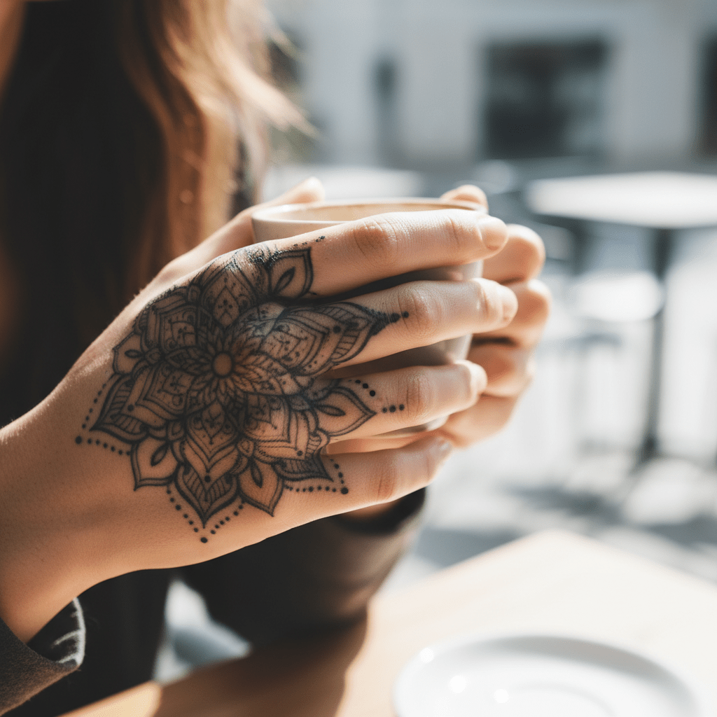 Artístico tatuaje de mandala en el dedo: elegante diseño realista para mujer