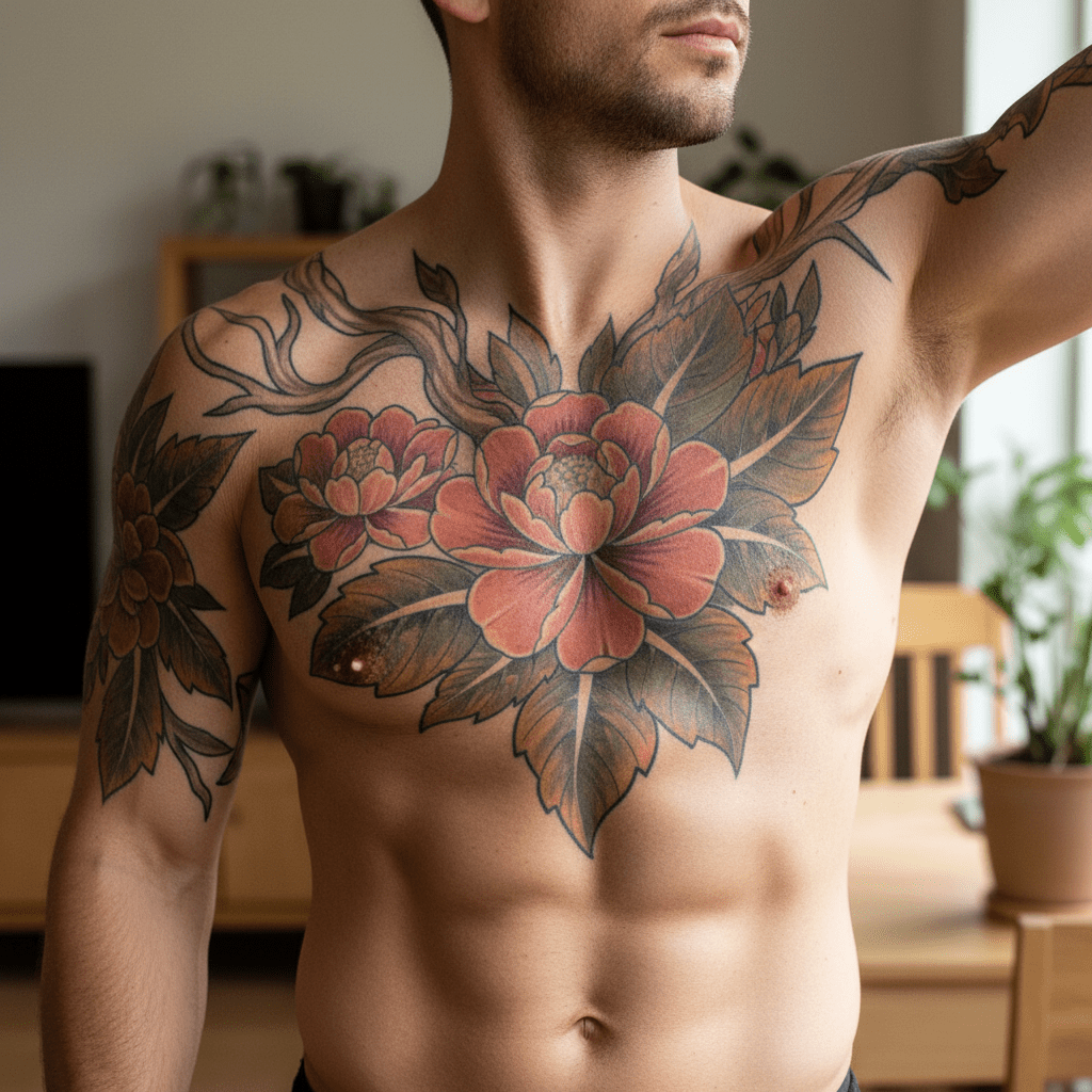Composition de tatouage floral masculin pour le haut du corps : la force rencontre l&rsquo;élégance