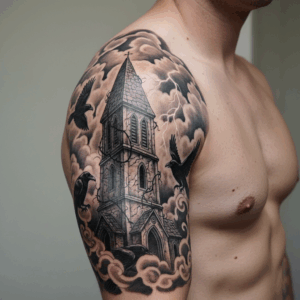 Diseño de tatuaje gótico de terror: místico juego de sombras en el hombro