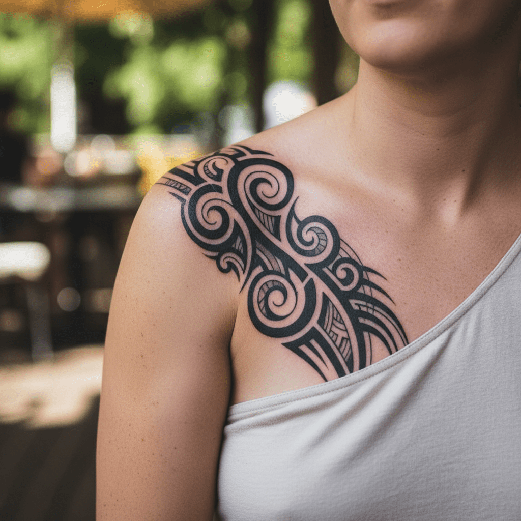 Dynamic tribal tattoo for the female shoulder: elegance meets tradition