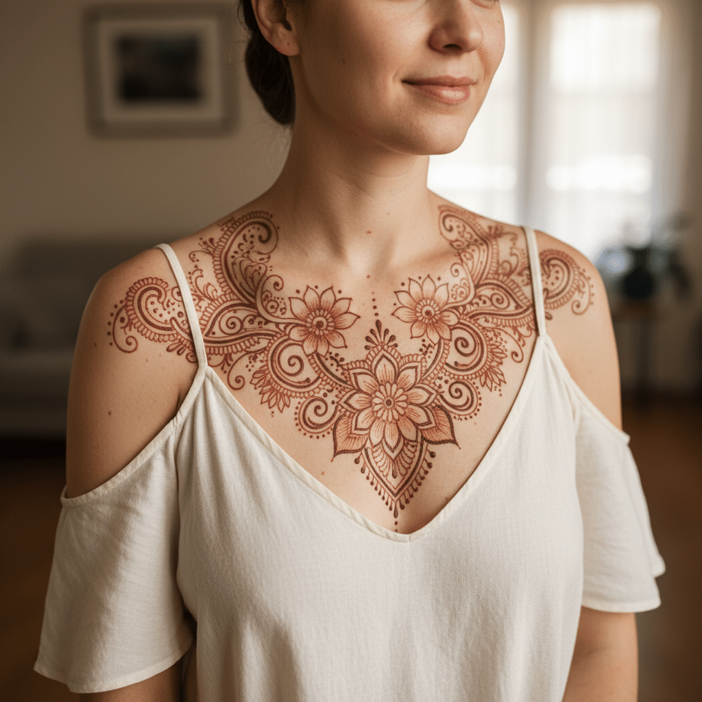 Elegancia atemporal: tatuaje de henna en el pecho y la parte superior del cuerpo de una mujer