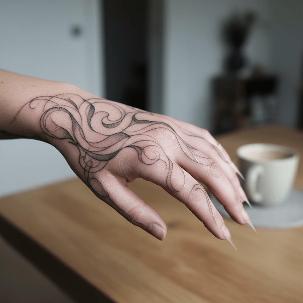 Elégant tatouage pour la main Cover-Up : des lignes délicates et des accents dorés pour une individualité intemporelle