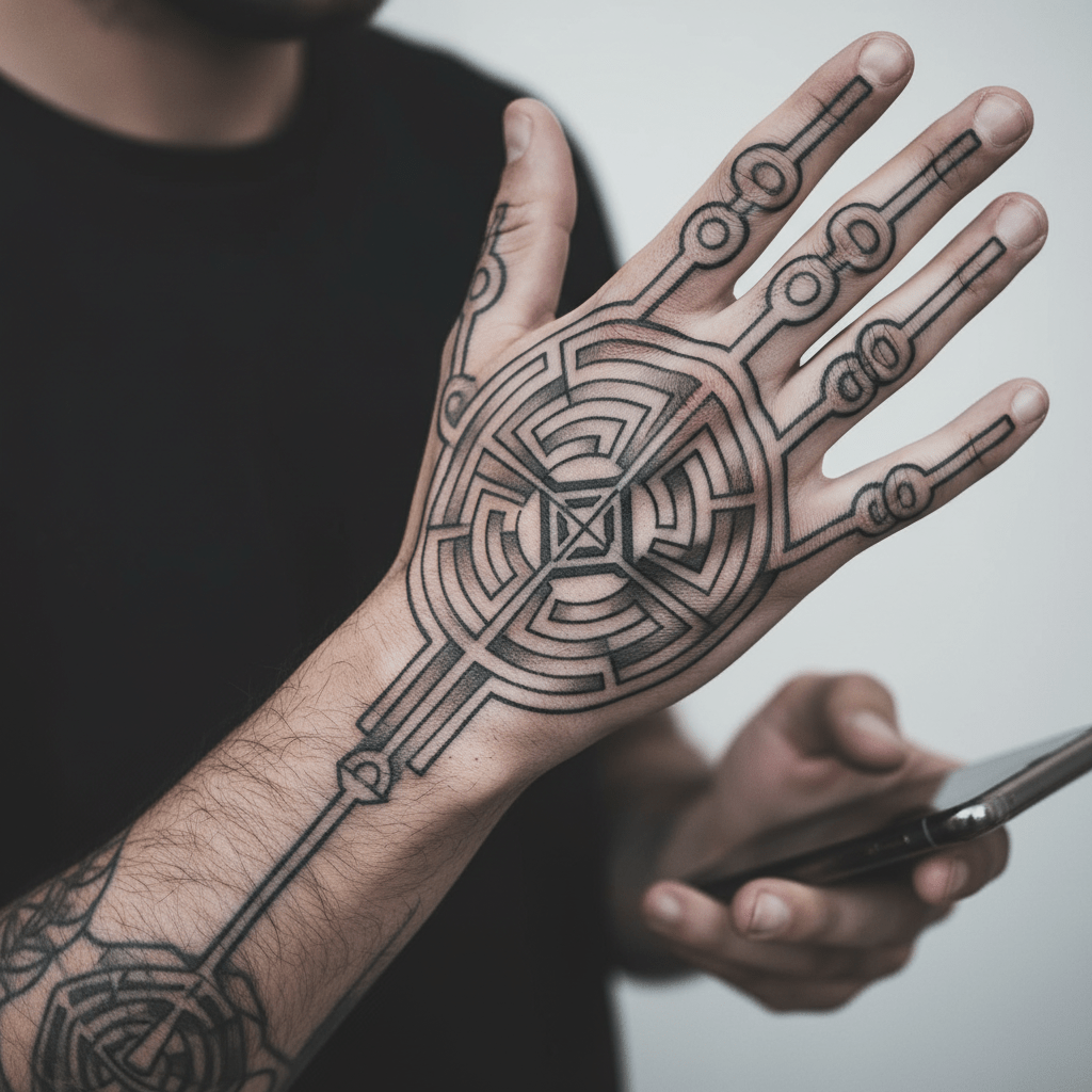 Elegante tatuaje de laberinto para la mano de un hombre con estilo