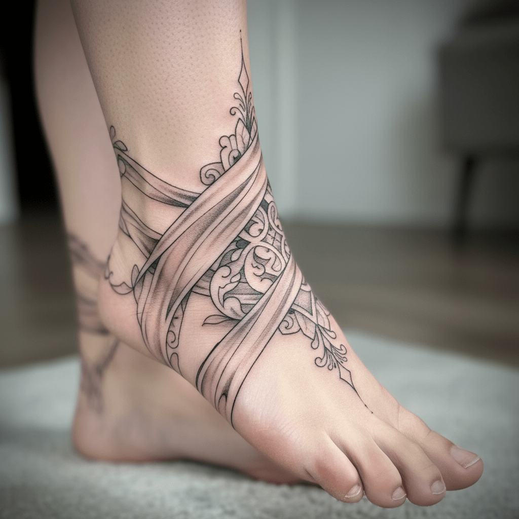Elegante tatuaje encubierto: obra de arte en el pie con adornos de filigrana y líneas delicadas