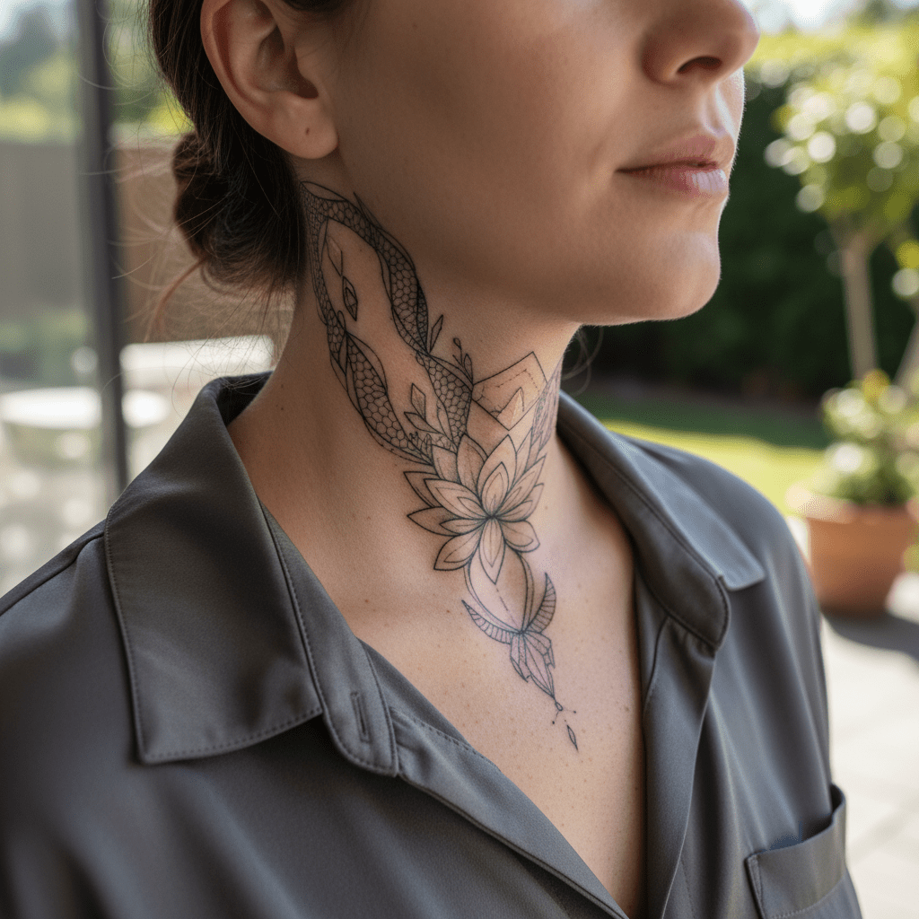 Elegante tatuaje encubridor para el cuello: feminidad y sofisticación en perfecta armonía