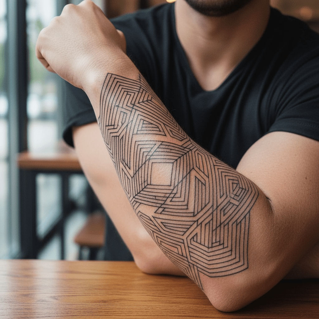 Elegante tatuaje masculino en el brazo: precisión y estilo urbano