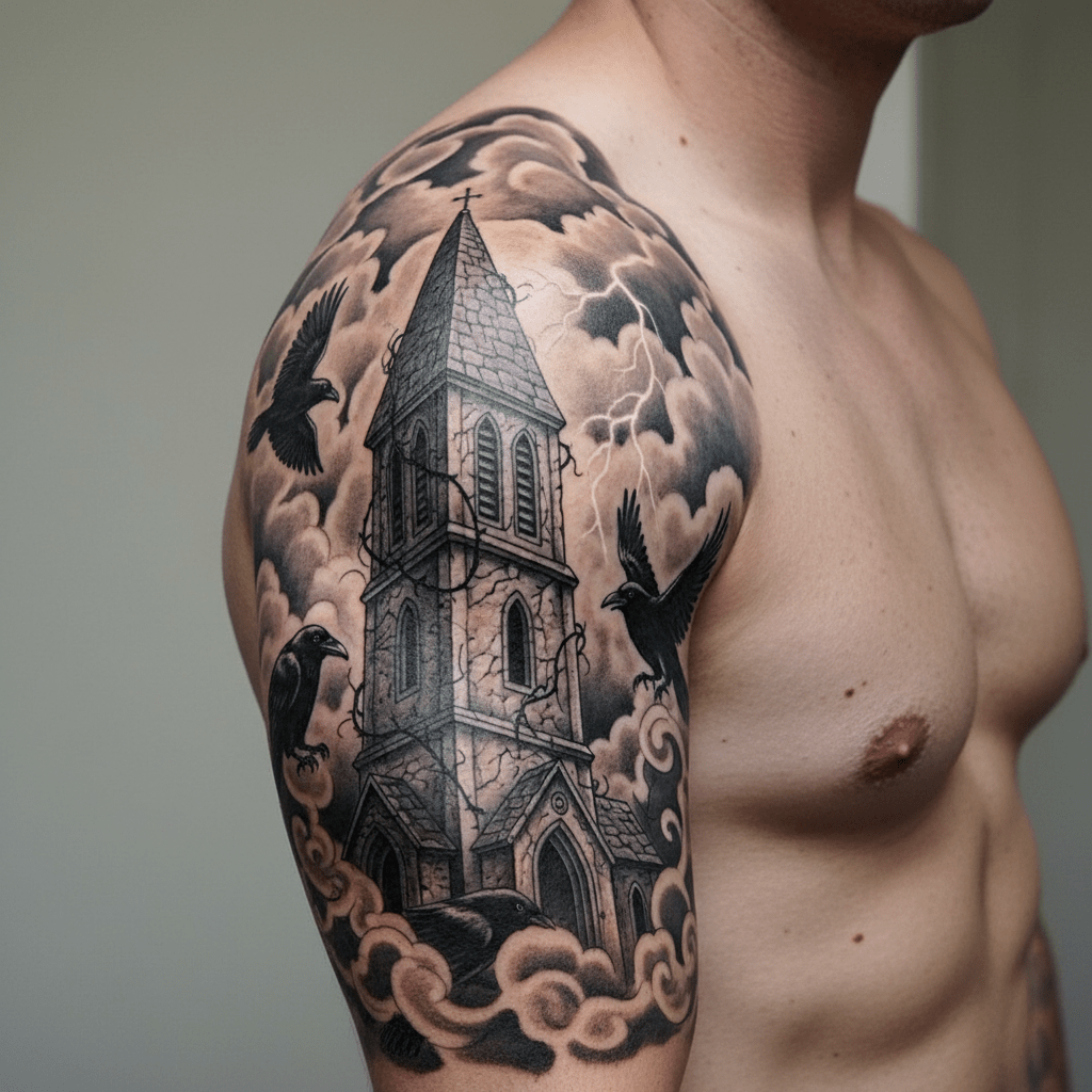 Gothic horror tattoo design: mystical shadow play on the shoulder