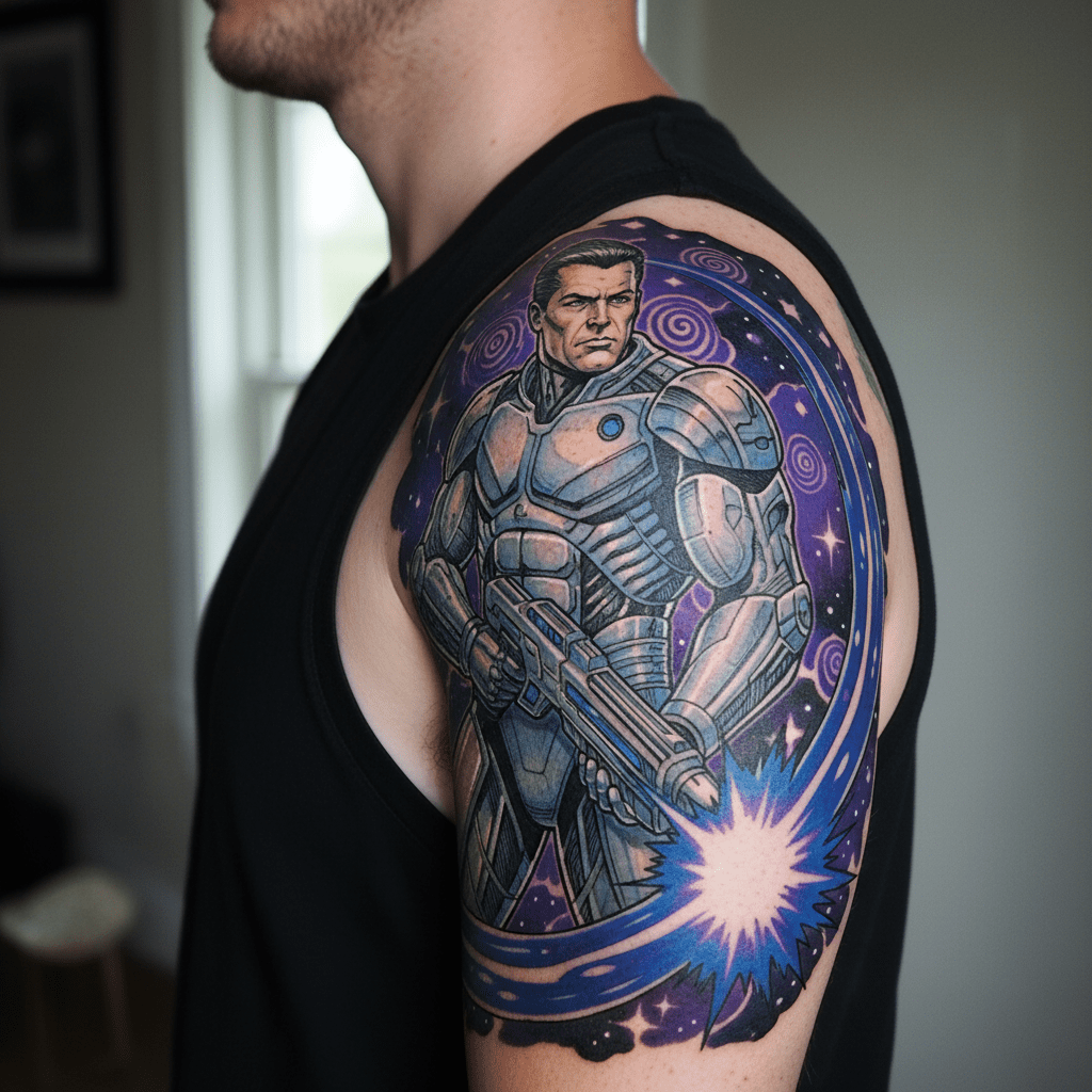 Guerrier de la galaxie : impressionnant tatouage de bande dessinée pour l&rsquo;épaule