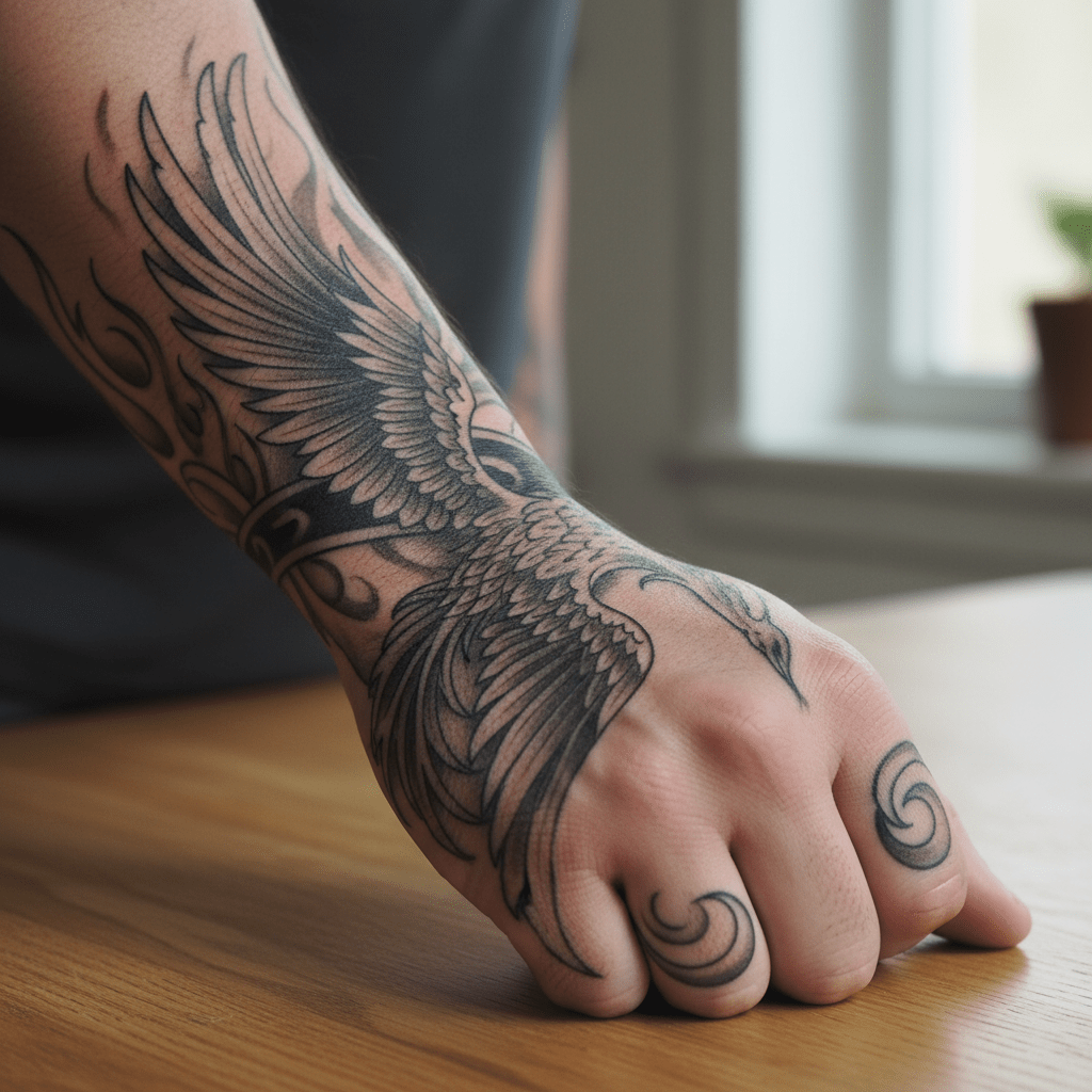 Majestic phoenix: powerful hand tattoo for men