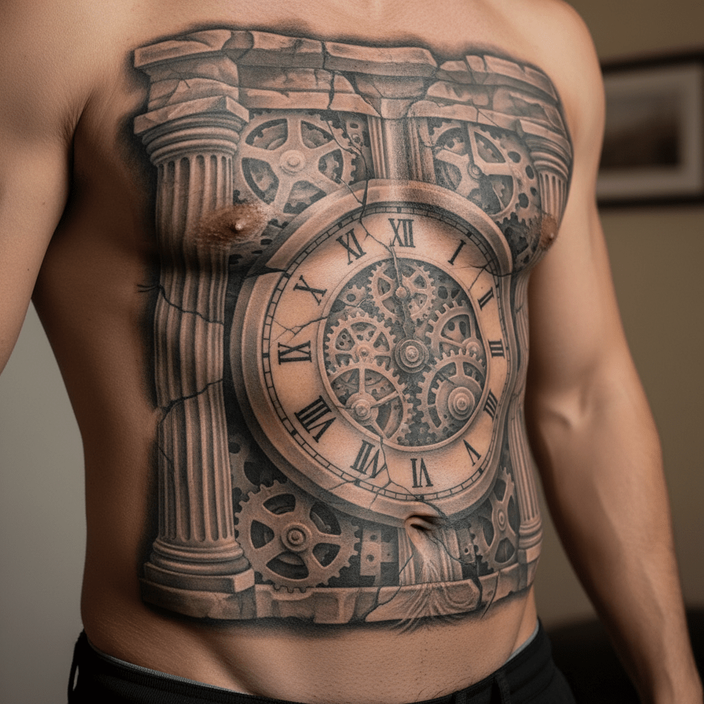 Majestuoso tatuaje de reloj 3D: elegancia masculina en el vientre y el cuerpo