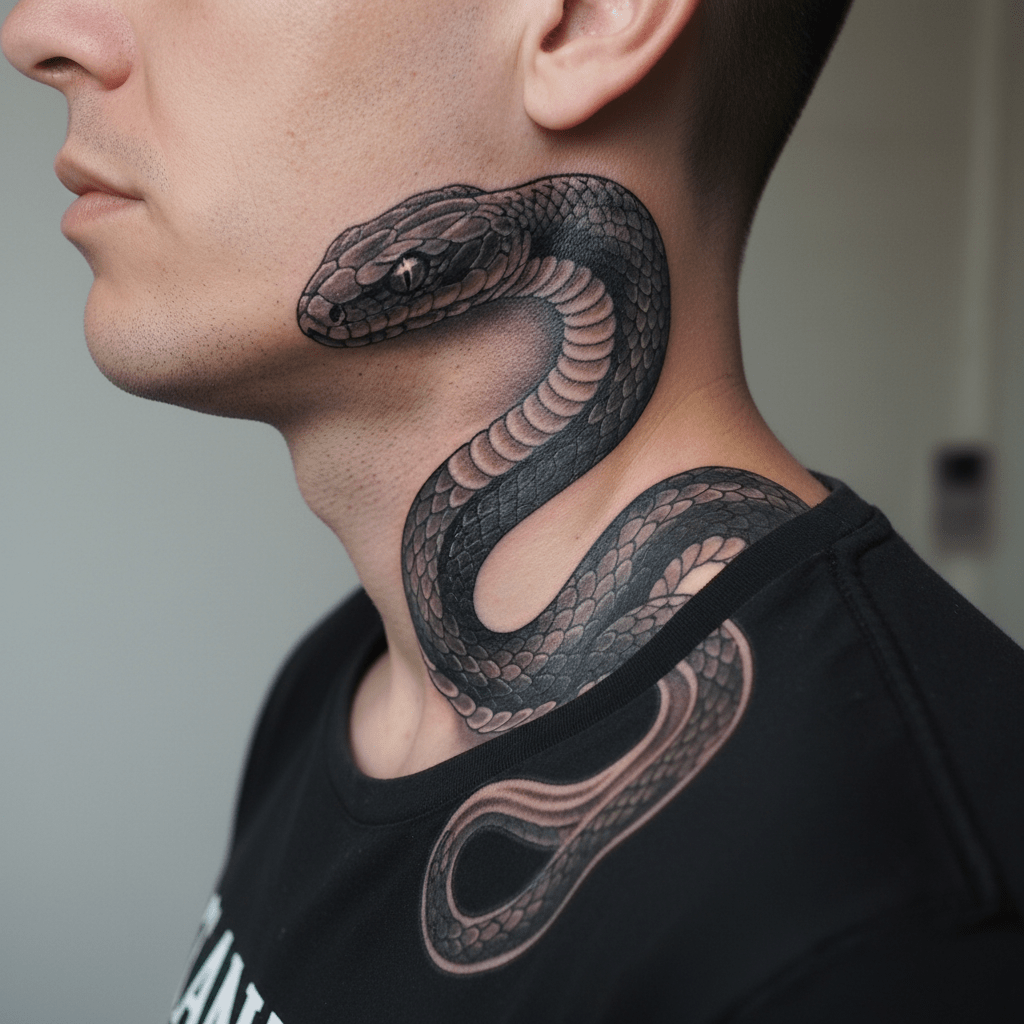 Majestuoso tatuaje de serpiente en el cuello: diseño único para hombre