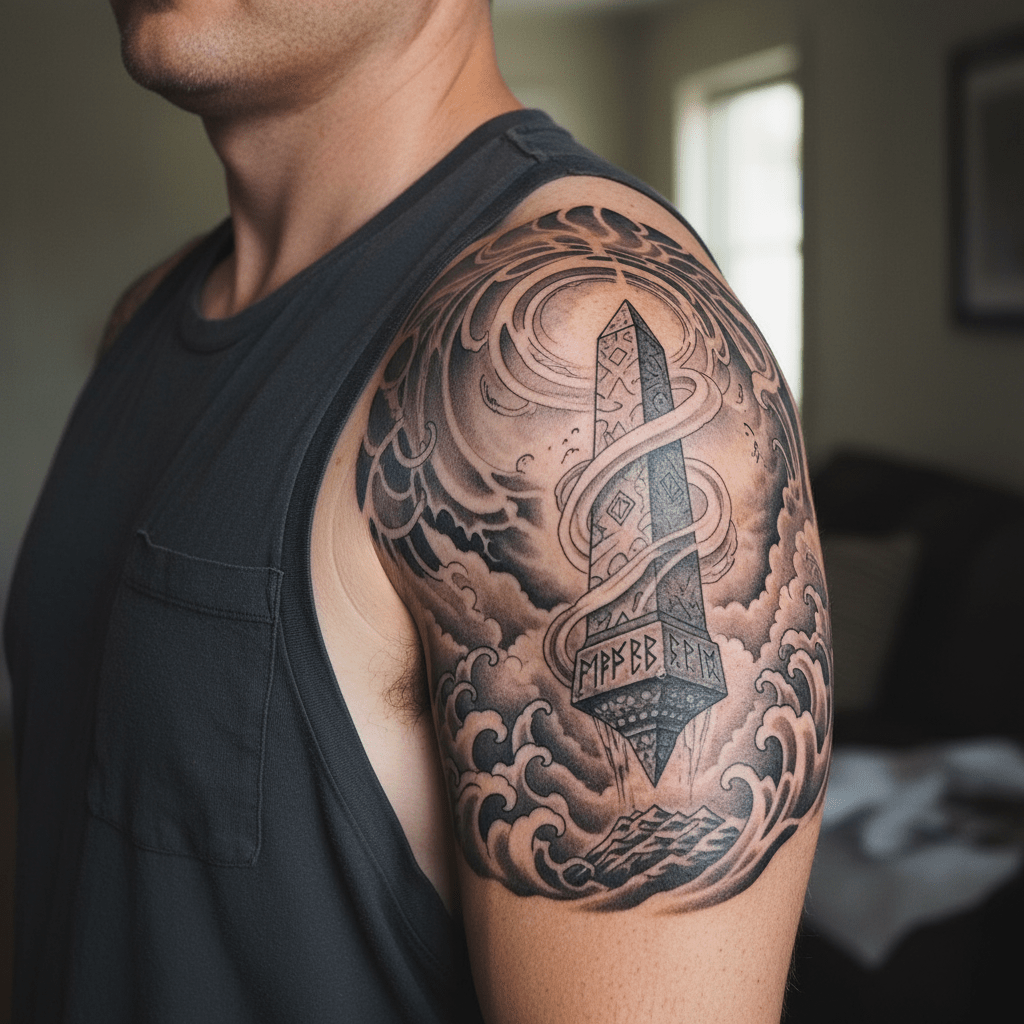 Mystical fantasy tattoo for men: magical obelisk on the shoulder