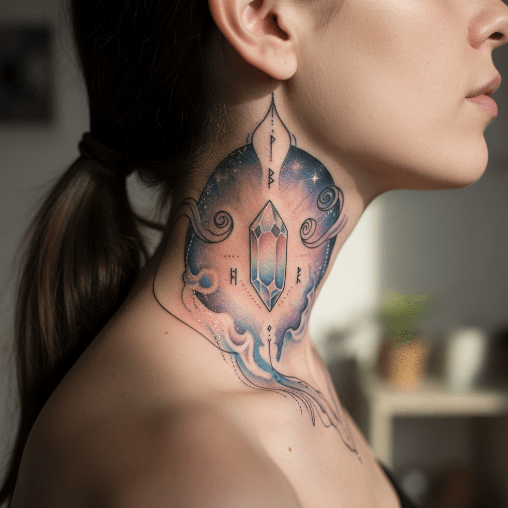 Mystical fantasy tattoo for the elegant female neck
