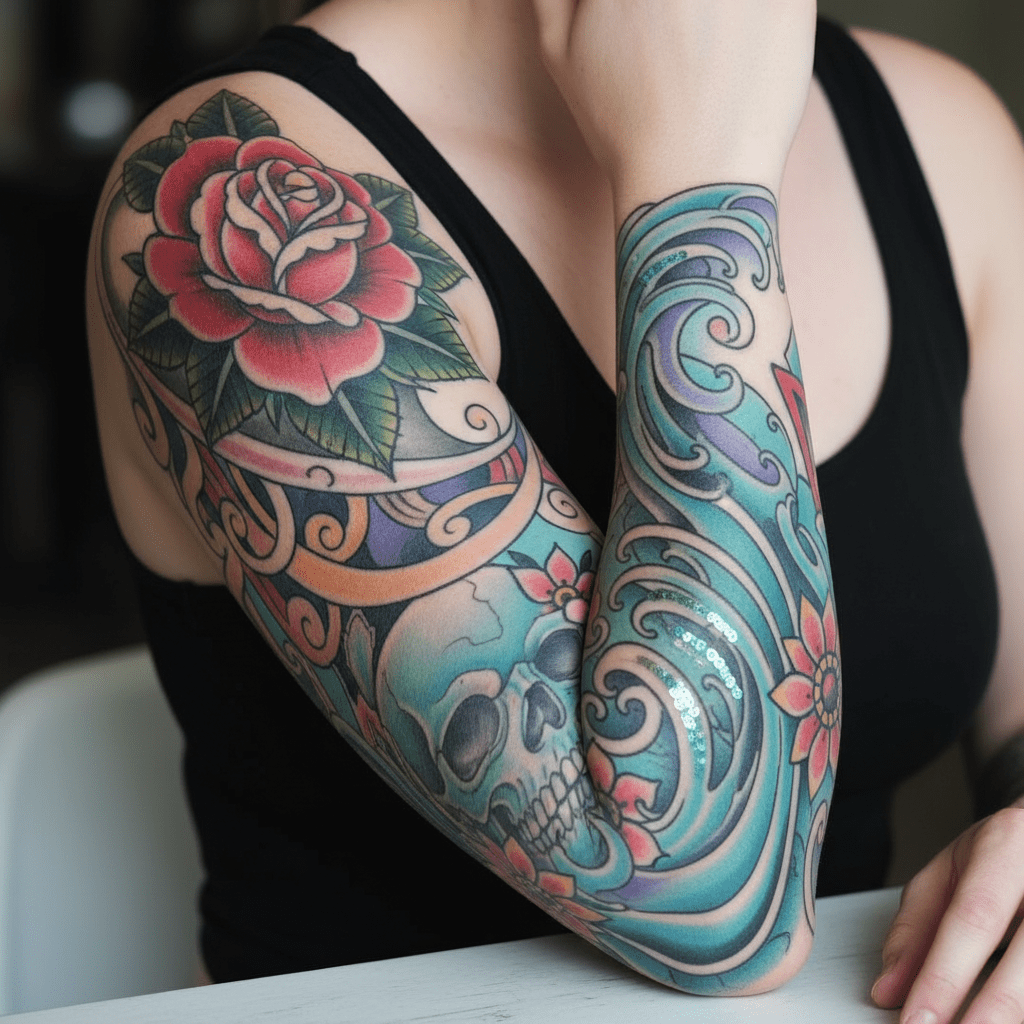 Oldschool-Newschool-Tattoo: Harmonische Fusion aus Tradition und Moderne für den weiblichen Arm
