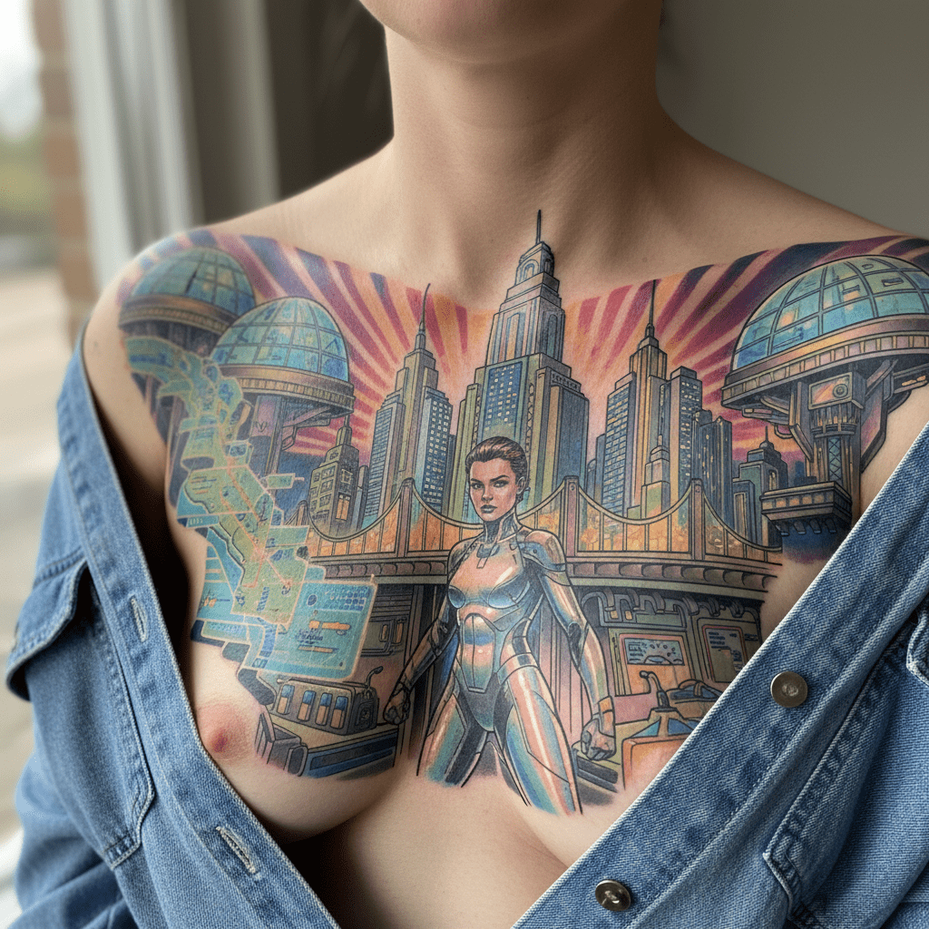 Paysage urbain futuriste : tatouage unique de bande dessinée pour le torse des femmes