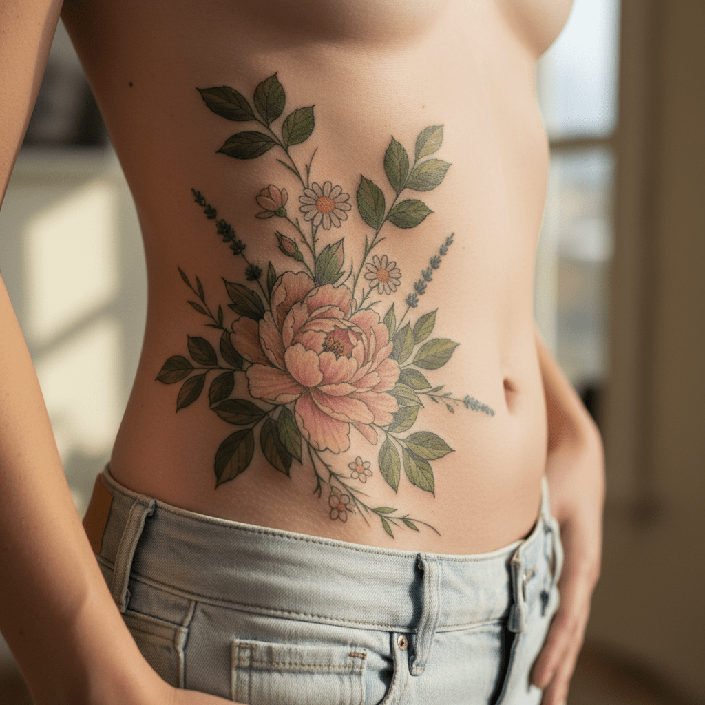 Pivoine majestueuse : tatouage floral sur le ventre pour une élégance et une grâce intemporelles