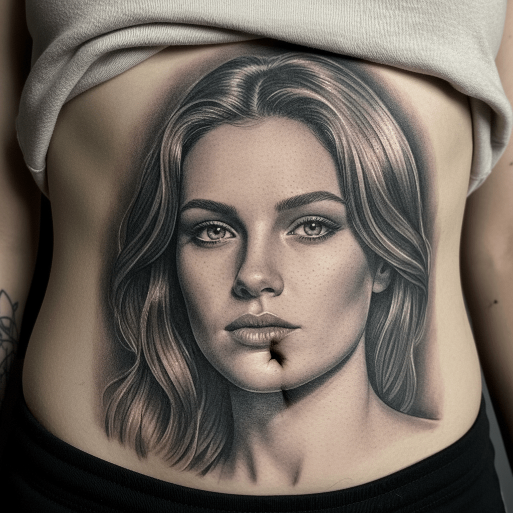 Portrait de l&rsquo;élégance intemporelle : modèle de tatouage réaliste pour le ventre de la femme