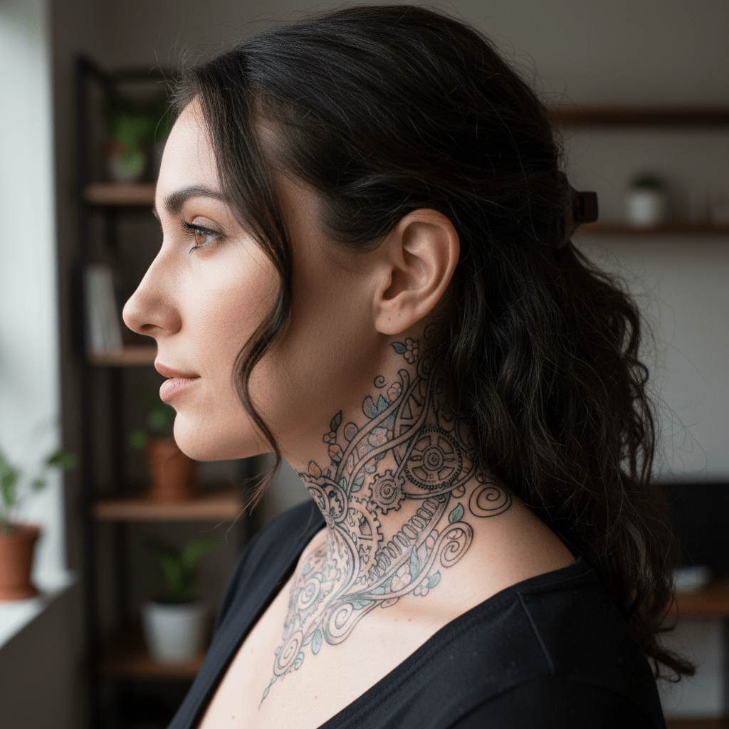 Simbiosis de naturaleza y tecnología: tatuaje encubridor único en el cuello de una mujer