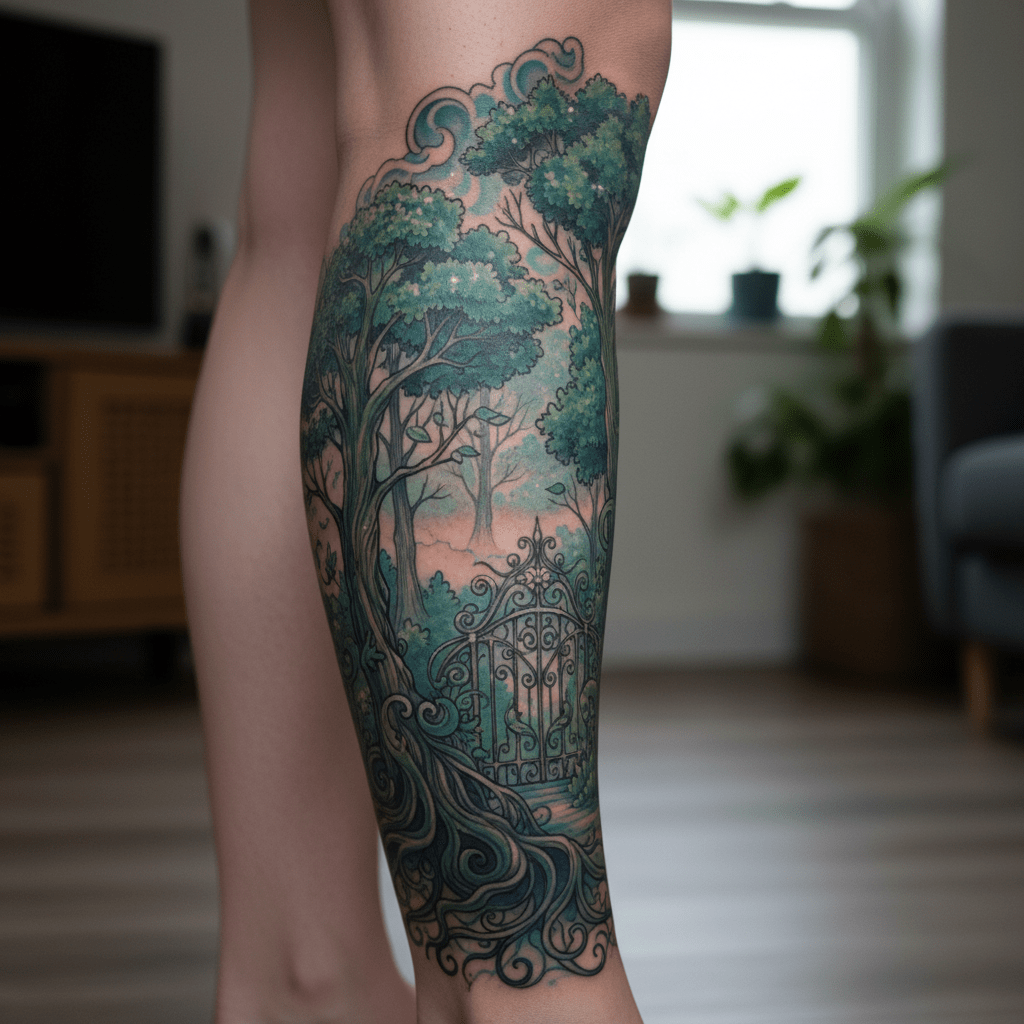 Sueño de bosque místico: diseño de tatuaje de pierna mágico lleno de fantasía y encanto