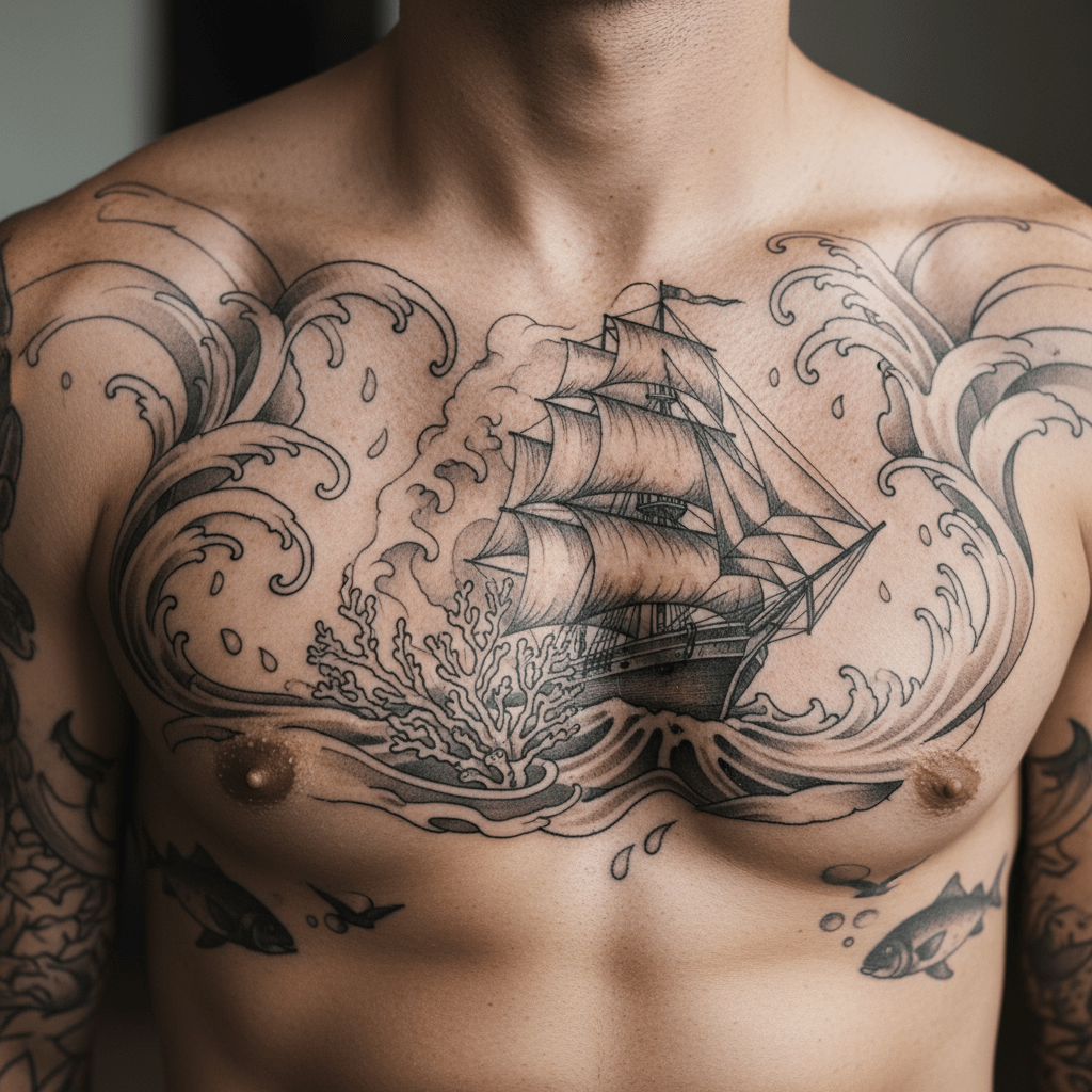 Tatouage de poitrine masculin : force et élégance du monde sous-marin