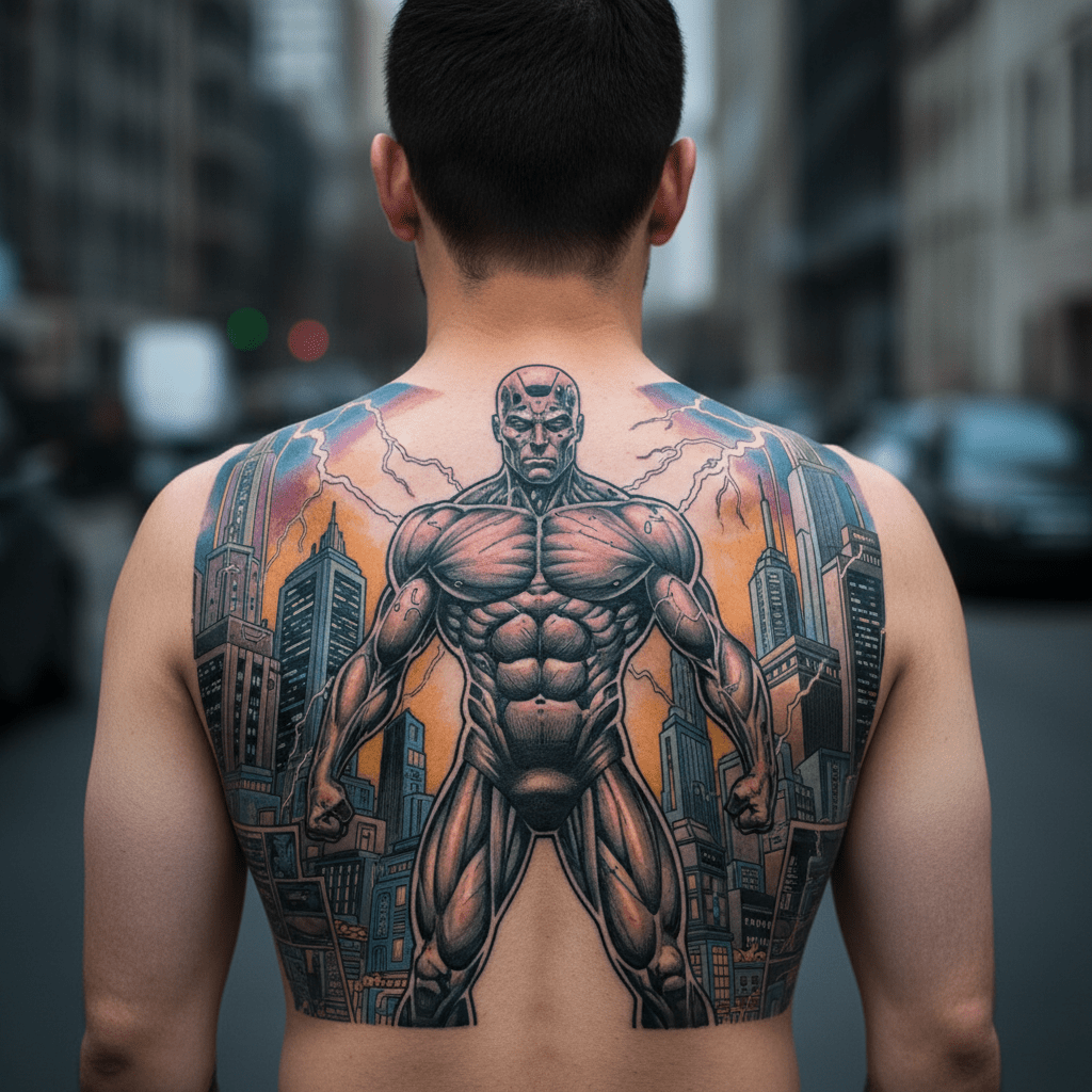 Tatouage épique de bande dessinée Cyborg : de l&rsquo;art futuriste pour le dos d&rsquo;un homme