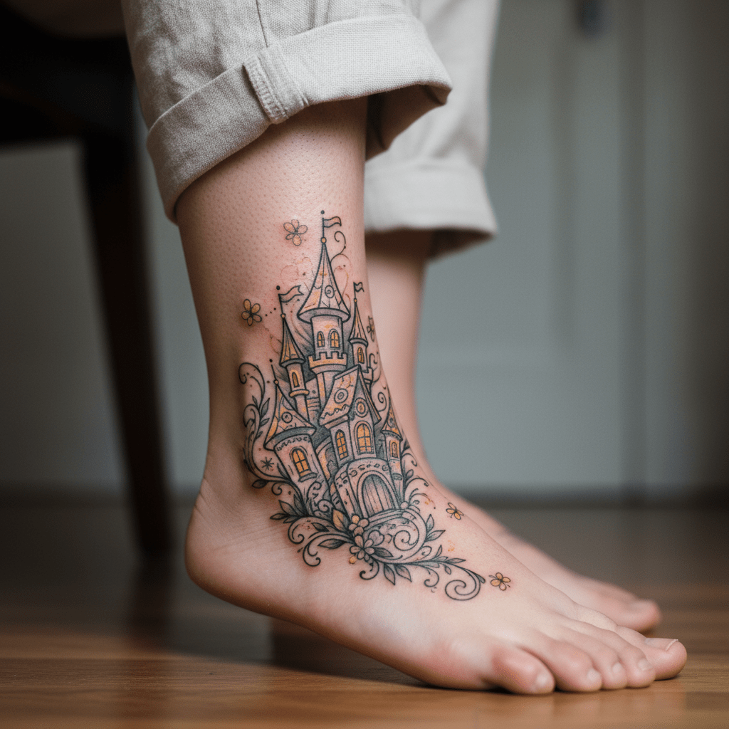 Tatouage fascinant de château de conte de fées pour le pied