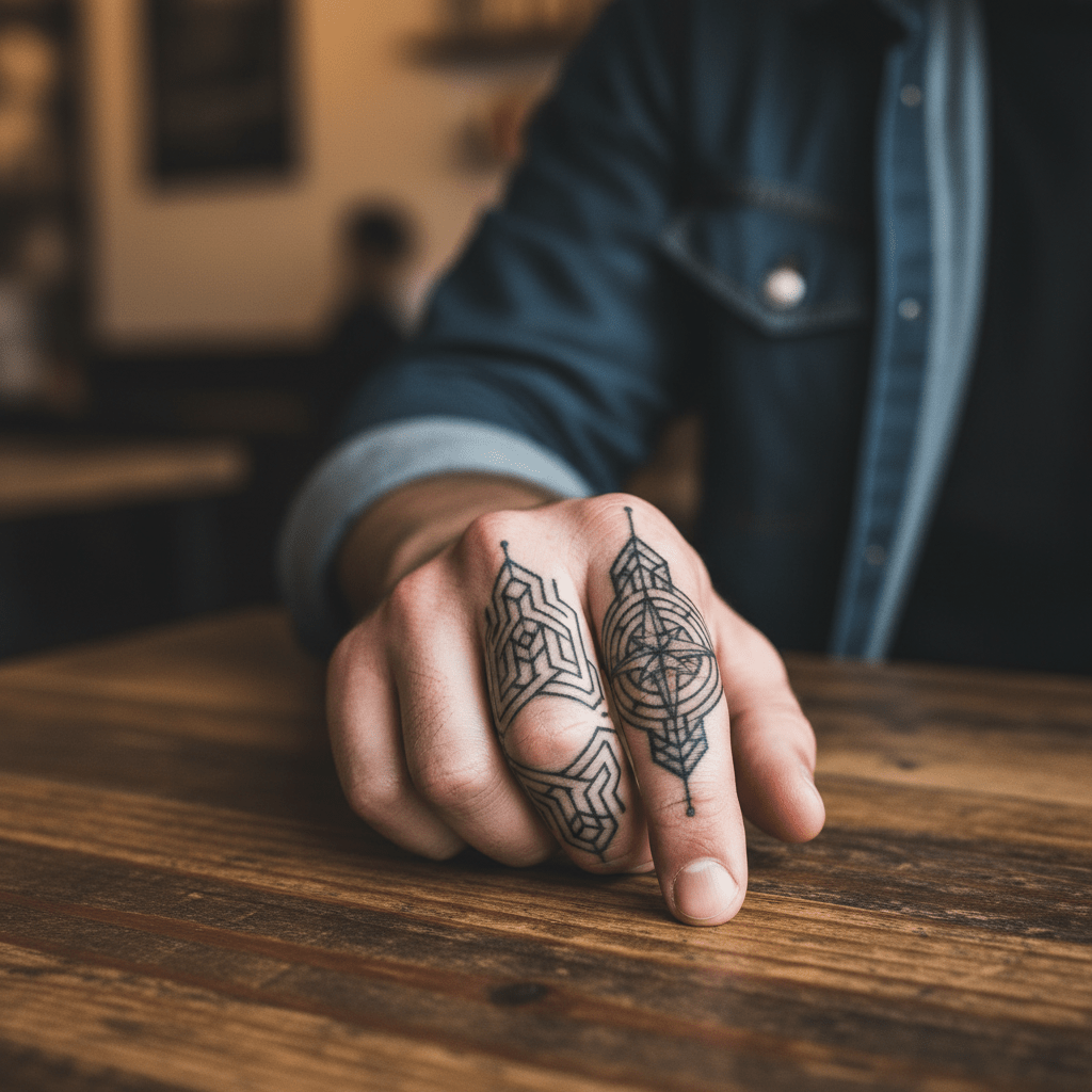 Tatouage géométrique de labyrinthe pour hommes : art du doigt moderne avec mysticisme et symbolisme