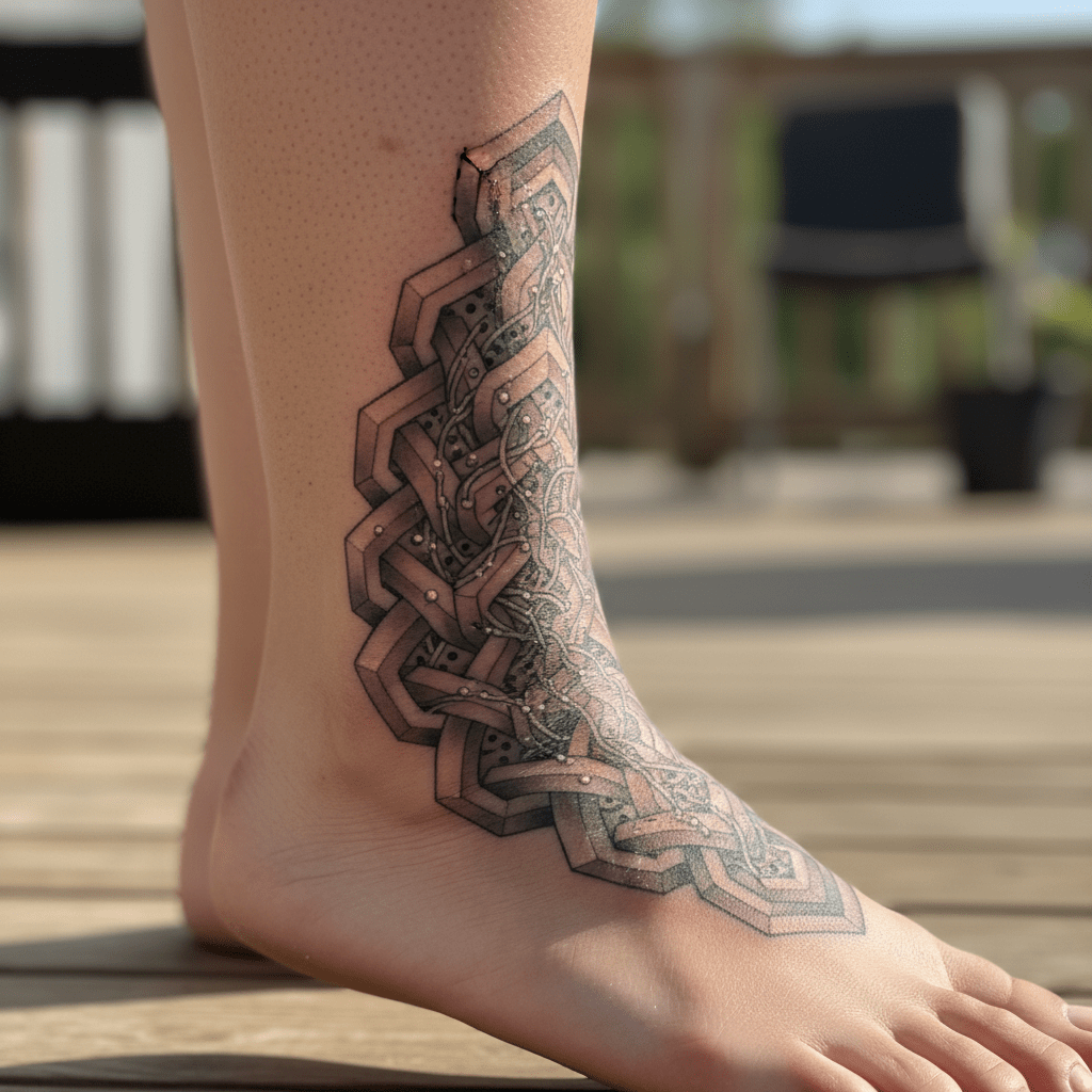 Tatuaje de pies en 3D: elegante fusión de geometría y luz