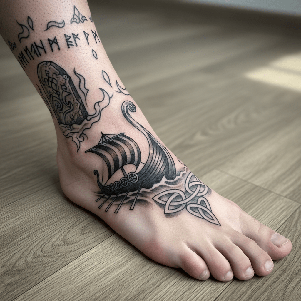 Tatuaje en el pie de inspiración vikinga: motivos celtas y piedras rúnicas en el arte moderno